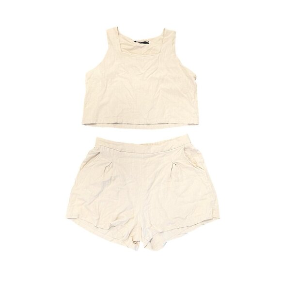 Trendy Queen 2 Piece Outfit Set Shorts Crop Top Beige Linen Blend Coastal Boho - Picture 1 of 8